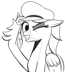 Size: 657x722 | Tagged: safe, artist:cosmonaut, oc, oc only, oc:posada, classical hippogriff, hippogriff, cute, female, hat, monochrome, one eye closed, quadrupedal, sketch, solo, wink