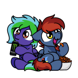 Size: 500x500 | Tagged: safe, artist:sugar morning, part of a set, oc, oc only, oc:firewire, oc:weldbead, pegasus, pony, g4, animated, bowl, cheetos, chibi, commission, cute, daaaaaaaaaaaw, drinking, eating, energy drink, female, food, frame by frame, gif, male, mare, monster energy, ocbetes, rule 63, simple background, sitting, stallion, sugar morning's snacc and drincc, transparent background, ych result