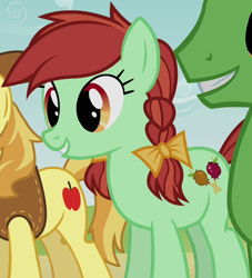 Size: 976x1075 | Tagged: safe, screencap, braeburn, candy apples, wensley, earth pony, pony, g4, apple family member, background pony, bow, cropped, female, hair bow, male, mare, pigtails, smiling, solo focus, stallion