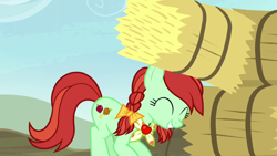 Size: 1280x720 | Tagged: safe, screencap, candy apples, earth pony, pony, appleoosa's most wanted, g4, apple family member, background pony, bow, female, hair bow, hay bale, mare, pigtails, solo
