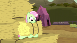 Size: 1280x720 | Tagged: safe, screencap, florina tart, earth pony, pony, appleoosa's most wanted, g4, apple family member, background pony, female, hay bale, mare, solo, tent