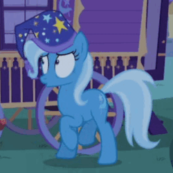 Size: 365x363 | Tagged: safe, edit, edited screencap, screencap, trixie, pony, unicorn, g4, to where and back again, animated, cute, diatrixes, female, gif, hat, loop, mare, nervous, nightcap, perfect loop, prancing, scared, shrunken pupils, solo, talking, trixie's nightcap, trixie's wagon, trotting, trotting in place, wide eyes