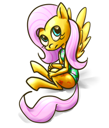 Size: 992x1162 | Tagged: source needed, safe, artist:saltycube, fluttershy, pegasus, anthro, g4, clothes, cute, female, leotard, mare, shyabetes, simple background, sitting, solo, swimsuit, white background