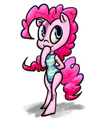 Size: 1200x1400 | Tagged: safe, artist:saltycube, pinkie pie, earth pony, semi-anthro, g4, arm hooves, clothes, female, leotard, mare, one-piece swimsuit, simple background, smiling, solo, swimsuit, white background