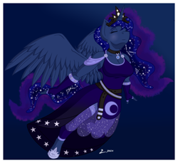 Size: 2790x2556 | Tagged: safe, artist:lumino010, princess luna, alicorn, anthro, unguligrade anthro, g4, breasts, busty princess luna, cleavage, clothes, dress, gloves, high res, horn, jewelry, necklace, solo, tiara, wings
