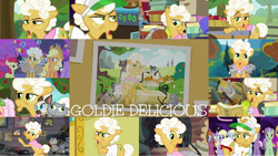 Size: 1280x722 | Tagged: safe, edit, editor:quoterific, screencap, apple bloom, apple mint, apple split, applejack, auntie applesauce, big macintosh, breezy serenade, dotty, florina tart, goldie delicious, granny smith, half baked apple, horseshoe comet, jonagold, lightning riff, marmalade jalapeno popette, pinkie pie, power chord, rainbow dash, raspberry sorbet, spray tag, twilight sparkle, alicorn, cat, earth pony, pegasus, pony, unicorn, g4, angry, apple, apple bloom is not amused, apple family member, applejack is not amused, applejack's hat, balloon, bench, bipedal, bipedal leaning, bow, cap, clothes, cowboy hat, female, food, hair bow, hat, horseshoes, las pegasus resident, leaning, male, open mouth, shirt, shocked, sitting, twilight sparkle (alicorn), unamused