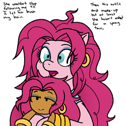 Size: 1200x1200 | Tagged: safe, artist:pony quarantine, pinkie pie, human, pony, g4, 80s hair, bracelet, chibi, clothes, dark skin, drawthread, dress, eyeshadow, hair spray high, holding a human, human ponidox, humanized, jewelry, makeup, self ponidox, simple background, text, white background