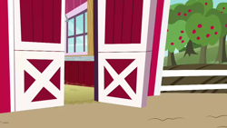 Size: 1280x720 | Tagged: safe, screencap, g4, harvesting memories, my little pony: friendship is forever, apple, apple tree, applejack's barn, background, no pony, scenic ponyville, sweet apple acres, sweet apple acres barn, tree