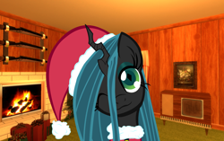 Size: 1720x1080 | Tagged: safe, edit, editor:tcgamebot, queen chrysalis, changeling, changeling queen, g4, christmas, clothes, costume, cute, cutealis, female, fire, fireplace, gun, hat, head tilt, holiday, looking at you, old tv, one eye closed, present, santa hat, solo, weapon, wink