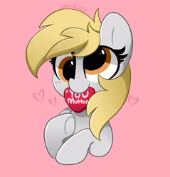 Size: 3914x4096 | Tagged: safe, artist:kittyrosie, derpy hooves, pegasus, pony, g4, blushing, cute, derp, derpabetes, female, heart, kittyrosie is trying to murder us, mare, mouth hold, pink background, positive message, simple background, solo