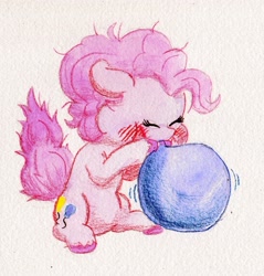 Size: 1461x1527 | Tagged: safe, artist:lost marbles, pinkie pie, earth pony, pony, g4, balloon, blowing up balloons, cute, eyes closed, female, mare, simple background, traditional art, white background