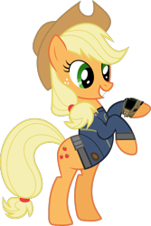Size: 900x1350 | Tagged: safe, artist:patec, artist:php170, applejack, earth pony, pony, fallout equestria, fall weather friends, g4, applejack's hat, bipedal, clothes, cowboy hat, fallout, female, hat, jumpsuit, mare, pipboy, simple background, smiling, solo, teeth, transparent background, vault suit, vector