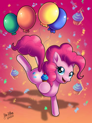 Size: 1280x1707 | Tagged: safe, artist:star-shiner, pinkie pie, earth pony, pony, g4, balloon, confetti, cupcake, female, food, looking at you, mare, open mouth, solo