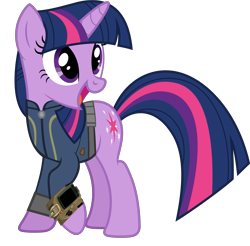 Size: 5089x5000 | Tagged: dead source, safe, artist:dashiesparkle, artist:php170, twilight sparkle, pony, unicorn, fallout equestria, g4, clothes, fallout, female, jumpsuit, open mouth, pipboy, raised hoof, simple background, solo, transparent background, unicorn twilight, vault suit, vector