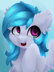 Size: 1200x1600 | Tagged: safe, artist:skyblazeart, oc, oc only, oc:winter, pegasus, pony, blue background, bust, chest fluff, cyan mane, ear fluff, eyes open, female, halfbody, pegasus oc, pink eyes, request, simple background, solo