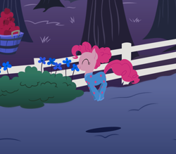 Size: 1152x1008 | Tagged: safe, anonymous artist, pinkie pie, earth pony, pony, series:fm holidays, g4, clothes, daylight savings, eyes closed, female, footed sleeper, footie pajamas, mare, onesie, pajamas, pinkie being pinkie, pronking, smiling, solo, sweet apple acres