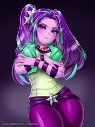 Size: 750x1000 | Tagged: safe, artist:racoonsan, color edit, edit, editor:drakeyc, aria blaze, equestria girls, g4, adorasexy, breasts, busty aria blaze, clothes, colored, curvy, cute, explicit source, eyeshadow, female, gem, hourglass figure, jeans, looking at you, makeup, nail polish, pants, sexy, siren gem, skin color edit, solo, stupid sexy aria blaze