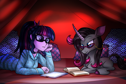 Size: 1800x1200 | Tagged: safe, artist:thescornfulreptilian, oleander (tfh), sci-twi, twilight sparkle, pony, them's fightin' herds, equestria girls, g4, book, clothes, community related, glasses, lying down, pajamas, pillow, ponyloaf, prone, tablet, tent
