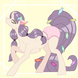 Size: 1600x1600 | Tagged: safe, artist:assfecal, oc, oc only, pony, unicorn, abstract background, candy, clothes, ear piercing, earring, female, food, horn, jewelry, mare, panties, piercing, raised hoof, solo, underwear, unicorn oc