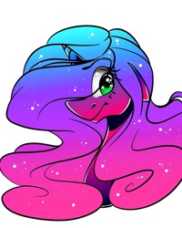 Size: 1080x1350 | Tagged: safe, alternate version, artist:tessa_key_, oc, oc only, pony, unicorn, bust, colored, ethereal mane, eye clipping through hair, eyelashes, female, horn, mare, simple background, smiling, solo, starry mane, unicorn oc, white background