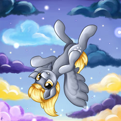 Size: 2200x2200 | Tagged: safe, artist:appleneedle, derpy hooves, pegasus, pony, g4, adoracute, cloud, cute, derpabetes, derpy being derpy, female, flying, grin, high res, mare, redraw, sky, smiling, solo, upside down