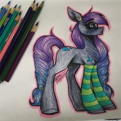 Size: 1080x1080 | Tagged: safe, artist:moshi.poni, oc, oc only, earth pony, pony, clothes, ear piercing, earth pony oc, irl, photo, piercing, signature, socks, solo, striped socks, traditional art