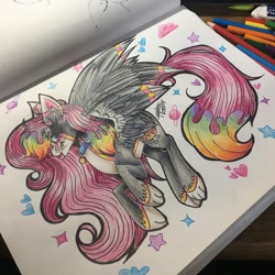 Size: 1080x1080 | Tagged: safe, artist:moshi.poni, oc, oc only, hybrid, pony, :p, ear fluff, female, irl, mare, photo, signature, solo, tongue out, traditional art, wings