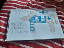 Size: 4128x3096 | Tagged: safe, artist:super-coyote1804, pony, unicorn, colored pencil drawing, finland, formula 1, keke rosberg, photo, ponified, solo, traditional art
