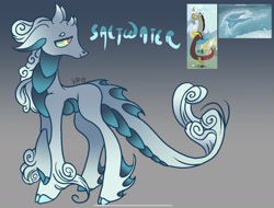 Size: 2198x1668 | Tagged: safe, artist:caramelbolt24, oc, oc:saltwater, draconequus, hybrid, pony, windigo, crack ship offspring, ear fluff, gradient background, hoof fluff, interspecies offspring, leonine tail, looking back, male, offspring, parent:discord, parent:windigo, screencap reference, signature, windigo oc