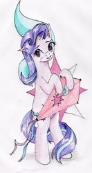 Size: 2181x4111 | Tagged: safe, artist:40kponyguy, derpibooru exclusive, starlight glimmer, pony, unicorn, g4, awkward smile, bipedal, cute, cutie mark, cutie mark background, ear fluff, female, glimmerbetes, hoof hold, kite, looking at you, mare, simple background, smiling, solo, that pony sure does love kites, traditional art