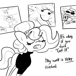 Size: 1500x1500 | Tagged: safe, artist:tjpones, oc, oc only, oc:brownie bun, earth pony, pony, black and white, clothes, delusional, dialogue, eyes closed, female, grayscale, mare, monochrome, simple background, solo, sweater, turtleneck, white background