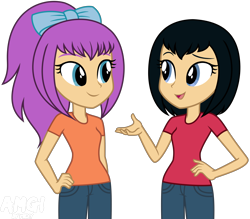 Size: 3848x3370 | Tagged: safe, alternate version, artist:amgiwolf, oc, oc only, oc:agatha nya, oc:luna karai, equestria girls, g4, base used, bow, clothes, duo, eyelashes, female, hair bow, hand on hip, high res, open mouth, pants, simple background, smiling, transparent background