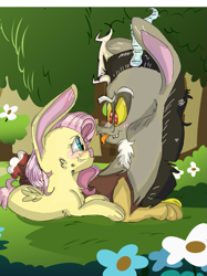 Size: 899x1200 | Tagged: safe, artist:cocolove2176, discord, fluttershy, draconequus, rabbit, g4, :p, animal, blushing, bunnified, bunnyshy, female, flower, looking at each other, lying down, male, outdoors, prone, ship:discoshy, shipping, species swap, straight, tongue out, wings