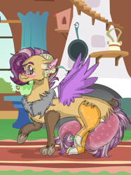 Size: 899x1200 | Tagged: safe, artist:cocolove2176, oc, oc only, oc:coraliss rose, draconequus, hybrid, blushing, draconequus oc, eyelashes, female, frying pan, indoors, interspecies offspring, offspring, parent:discord, parent:fluttershy, parents:discoshy, story included, wings