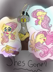 Size: 899x1200 | Tagged: safe, artist:cocolove2176, discord, fluttershy, draconequus, pegasus, pony, g4, bust, eyelashes, female, grin, holding hooves, male, mare, open mouth, ship:discoshy, shipping, smiling, straight, wings