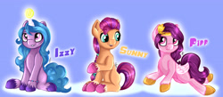 Size: 4248x1852 | Tagged: safe, artist:appleneedle, izzy moonbow, pipp petals, sunny starscout, earth pony, pegasus, pony, unicorn, g5, adorapipp, ball, bracelet, cute, female, flying, grin, horn, horn guard, hornball, izzy's tennis ball, izzybetes, jewelry, mare, markings, open mouth, raised hoof, red eyes, red-eyed pipp, sitting, smiling, sunnybetes, tennis ball, trio, unshorn fetlocks