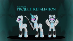 Size: 2667x1500 | Tagged: safe, artist:spy ghost, oc, oc only, pegasus, pony, robot, robot pony, unicorn, blade, glowing eyes, glowing markings, reference sheet, spread wings, wings