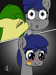Size: 770x1032 | Tagged: safe, artist:mranthony2, oc, oc only, oc:lemon bounce, oc:royal quill, pegasus, pony, 2 panel comic, blushing, cheek kiss, colored, comic, duo, female, flat colors, gradient background, kiss mark, kissing, lesbian, lipstick, mare, mare on mare, scrunchy face, signature, simple background, surprised