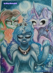 Size: 742x1024 | Tagged: safe, artist:maryhoovesfield, princess luna, oc, alicorn, pony, unicorn, g4, crescent moon, ear fluff, ethereal mane, eyes closed, female, horn, mare, moon, night, outdoors, peytral, starry mane, traditional art, unicorn oc