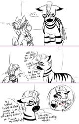 Size: 500x779 | Tagged: safe, artist:mewponies, oc, oc:ickle muse, oc:zuberi, pegasus, pony, zebra, ask ickle muse, biting, ear bite, female, male, mare, monochrome, partial color, quadrupedal, stallion, zoomorphic