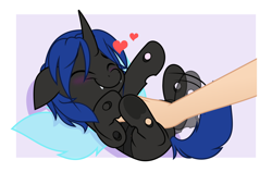 Size: 5000x3168 | Tagged: safe, artist:jhayarr23, part of a set, oc, oc:swift dawn, changeling, pony, behaving like a dog, bellyrubs, blue changeling, blushing, changeling oc, commission, cute, cuteling, eyebrows, eyebrows visible through hair, fangs, floppy ears, frog (hoof), hand, heart, high res, leg twitch, lying down, male, motion lines, ocbetes, offscreen character, offscreen human, on back, petting, scratch reflex, simple background, smiling, stallion, tapping, twitching, underhoof, wings, ych result