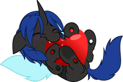 Size: 5000x3365 | Tagged: safe, artist:jhayarr23, part of a set, oc, oc:swift dawn, changeling, pony, absurd resolution, balloon, blue changeling, blushing, changeling oc, commission, cute, cuteling, eyebrows, eyebrows visible through hair, eyes closed, fangs, floppy ears, frog (hoof), happy, heart, heart balloon, lying down, male, on back, simple background, stallion, transparent background, underhoof, wings, ych result