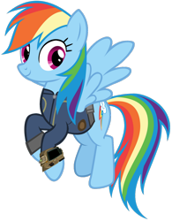 Size: 1024x1314 | Tagged: safe, artist:andoanimalia, artist:php170, rainbow dash, pegasus, pony, fallout equestria, g4, clothes, fallout, female, flying, jumpsuit, mare, pipboy, simple background, solo, transparent background, vault suit, vector