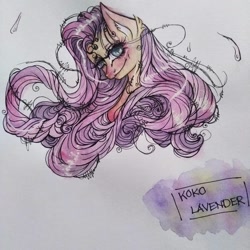 Size: 1080x1080 | Tagged: safe, artist:kokolavender_art, fluttershy, pegasus, pony, g4, blushing, eyelashes, female, mare, signature, smiling, solo, traditional art