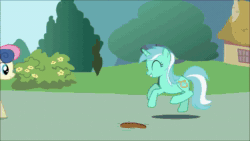 Size: 1920x1080 | Tagged: safe, artist:icanseeyourshed, bon bon, lyra heartstrings, sweetie drops, earth pony, pony, unicorn, g4, animated, cute, footprint, implied human, irrational exuberance, lyra finds a blob on the floor, lyrabetes, ponyville, smiling, sound, webm, youtube link