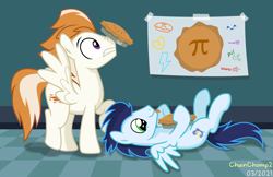 Size: 3400x2200 | Tagged: safe, artist:chainchomp2, fire streak, soarin', pegasus, pony, g4, :p, balancing, cute, duo, duo male, food, high res, legs in air, lying down, male, nose wrinkle, on back, pi, pi day, pie, soarinbetes, soft shading, spread wings, stallion, that pony sure does love pies, tongue out, vector, wings, wonderbolts