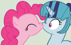 Size: 843x535 | Tagged: safe, artist:jadeharmony, pinkie pie, sonata dusk, earth pony, pony, unicorn, g4, duo, female, food, kiss on the lips, kissing, lesbian, pie, ship:pinata, shipping, surprise kiss, surprised