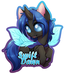 Size: 1040x1200 | Tagged: safe, artist:onnanoko, oc, oc only, oc:swift dawn, changeling, earth pony, pony, badge, blue changeling, changeling oc, con badge, cute, eyebrows, eyebrows visible through hair, fangs, food, grin, horn, looking at you, male, name, ocbetes, simple background, smiling, solo, stallion, transparent background, wings