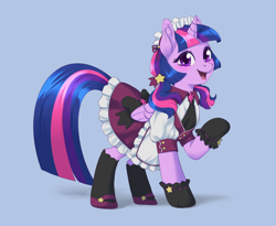 Size: 3564x2918 | Tagged: safe, artist:taytinabelle, part of a set, twilight sparkle, alicorn, pony, alternate hairstyle, apron, blue background, blushing, bow, clothes, cute, cutie mark accessory, dress, ear fluff, female, gradient background, happy, hat, looking at you, maid, maidlight sparkle, mare, necktie, pigtails, pleated skirt, raised hoof, shoes, simple background, skirt, smiling, socks, solo, twiabetes, twilight sparkle (alicorn)