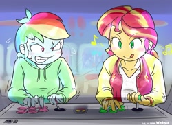Size: 1464x1067 | Tagged: safe, artist:wakyaot34, rainbow dash, sunset shimmer, equestria girls, g4, arcade, arcade game, clothes, duo, hoodie, playing, sweat, sweatdrop, tongue out